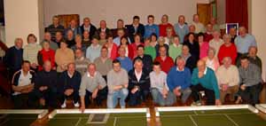 L to R: (seated) Roger Murphy (Mission Team), Rev Canon Ernest Harris - Ballinderry, Rev Simon Doogan - Aghalee, Rev Peter Galbraith - Broomhedge and the Rev Paul Hoey  (Mission Team) pictured with some of the many people from Aghalee, Ballinderry and Broomhedge Parish churches who took part in the ‘Bowlers’ Knockout Night’ at Holy Trinity, Aghalee.
